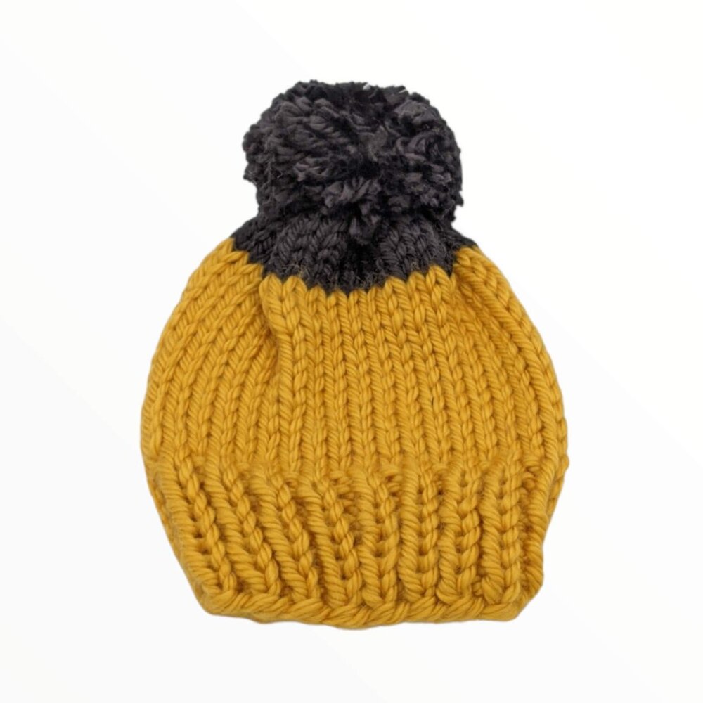 Handmade Knit Hat - Yellow and Black with Pompom - Unisex